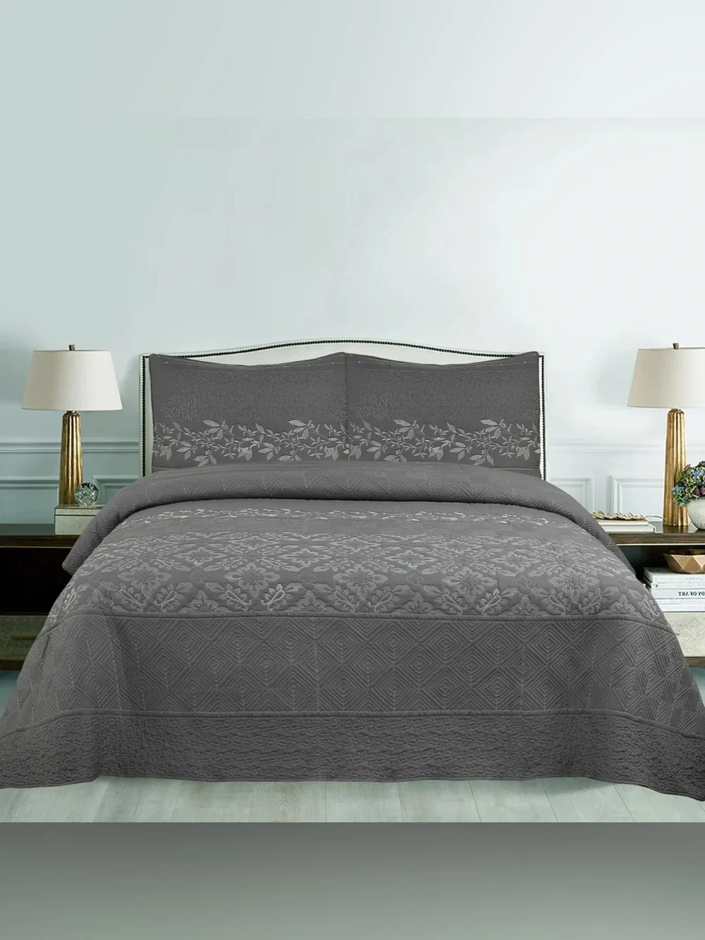 Gray Quilted Floral 3 piece Bedspread Set -